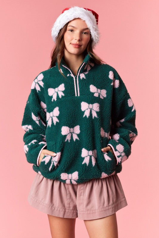 Merry Bows Sherpa Half Zip Pullover - Green and Pink - Image 3