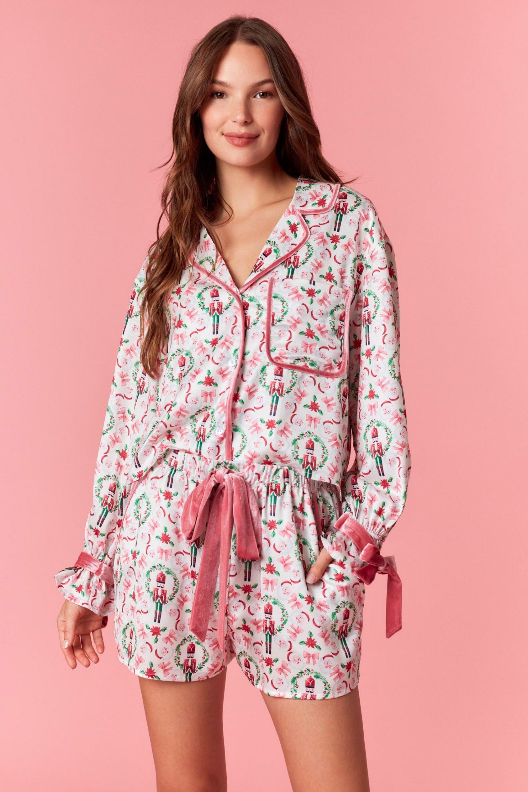 Pink Santa, Nutcracker, and Bows Satin Pajama Set - Image 4