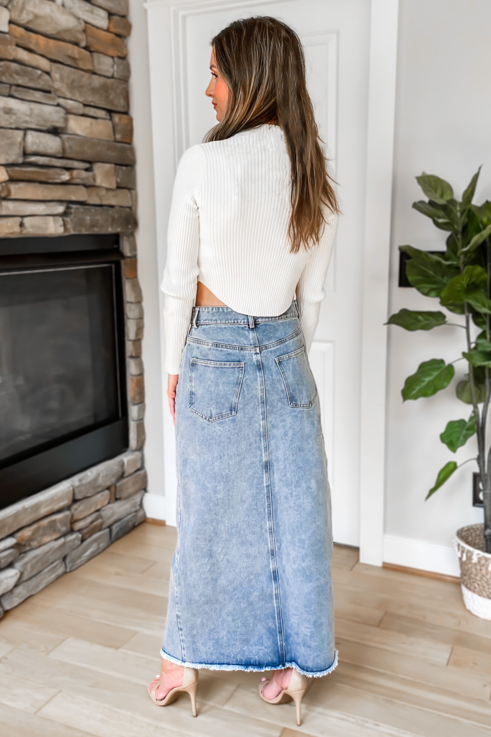 Just Right Front Slit Denim Midi Skirt - SALE - Image 2