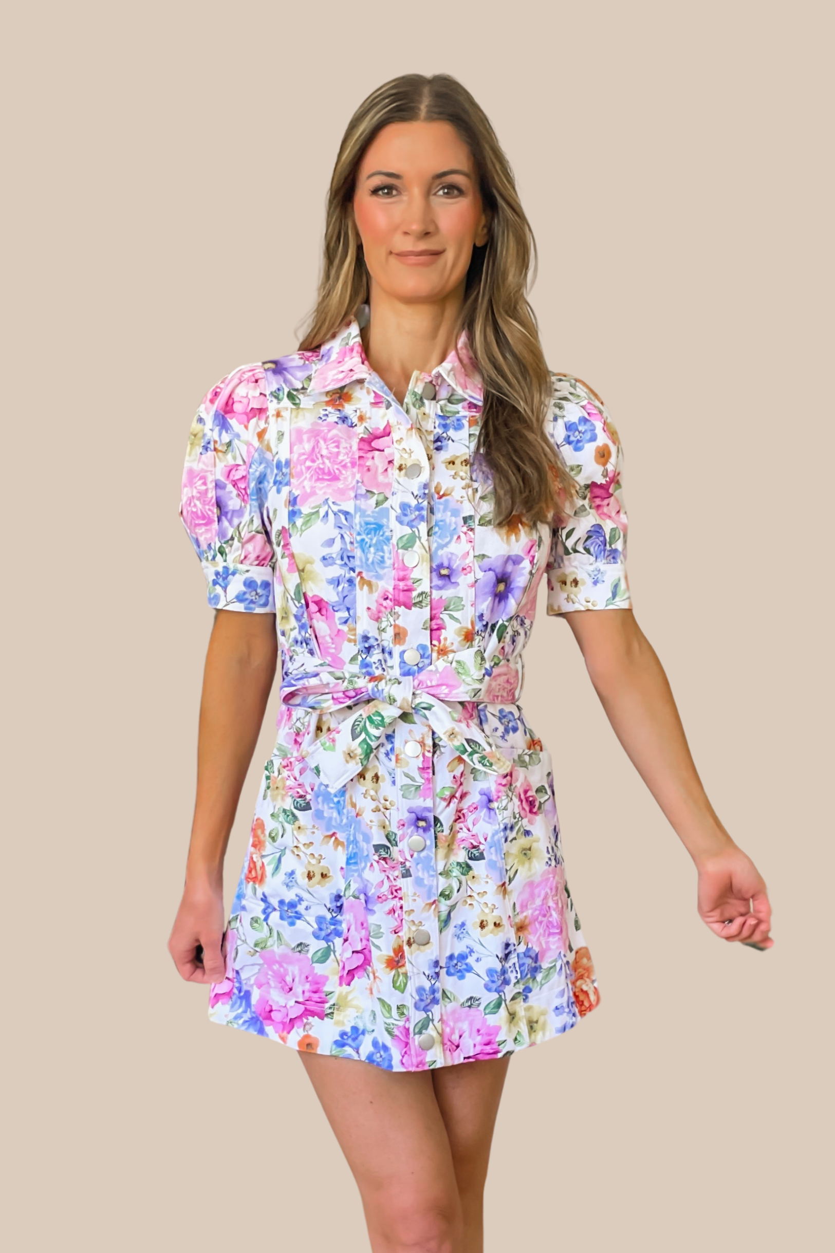 Charlotte Floral Puff Sleeve Mini Dress - White Multi