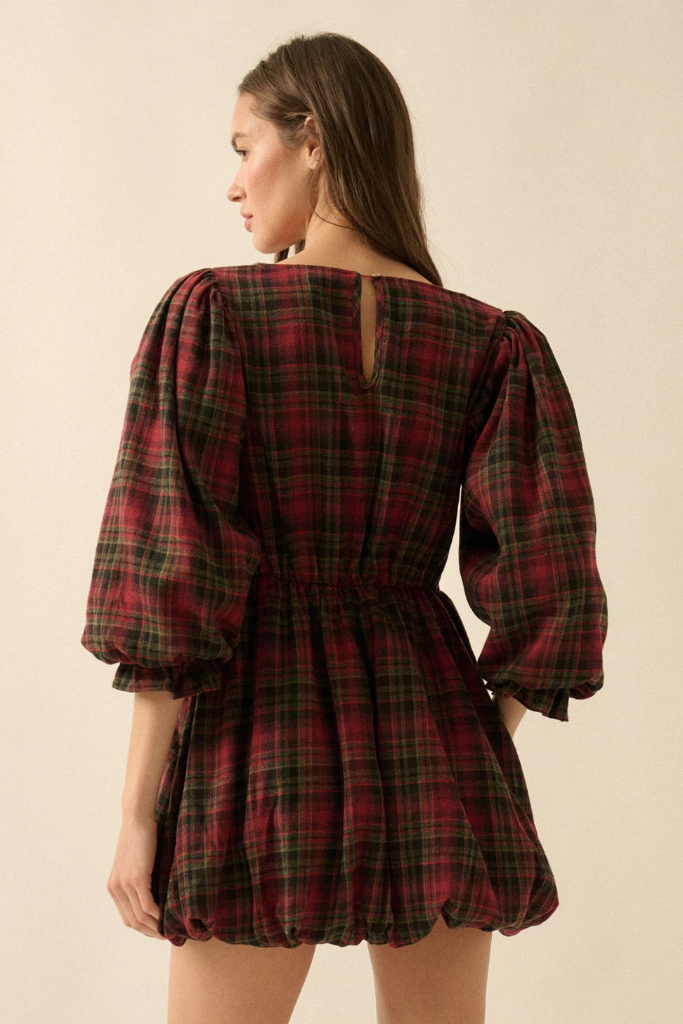 PREORDER - Delilah Plaid and Lace Bubble Mini Dress - Burgundy (SHIPS BY 11/26) - Image 6