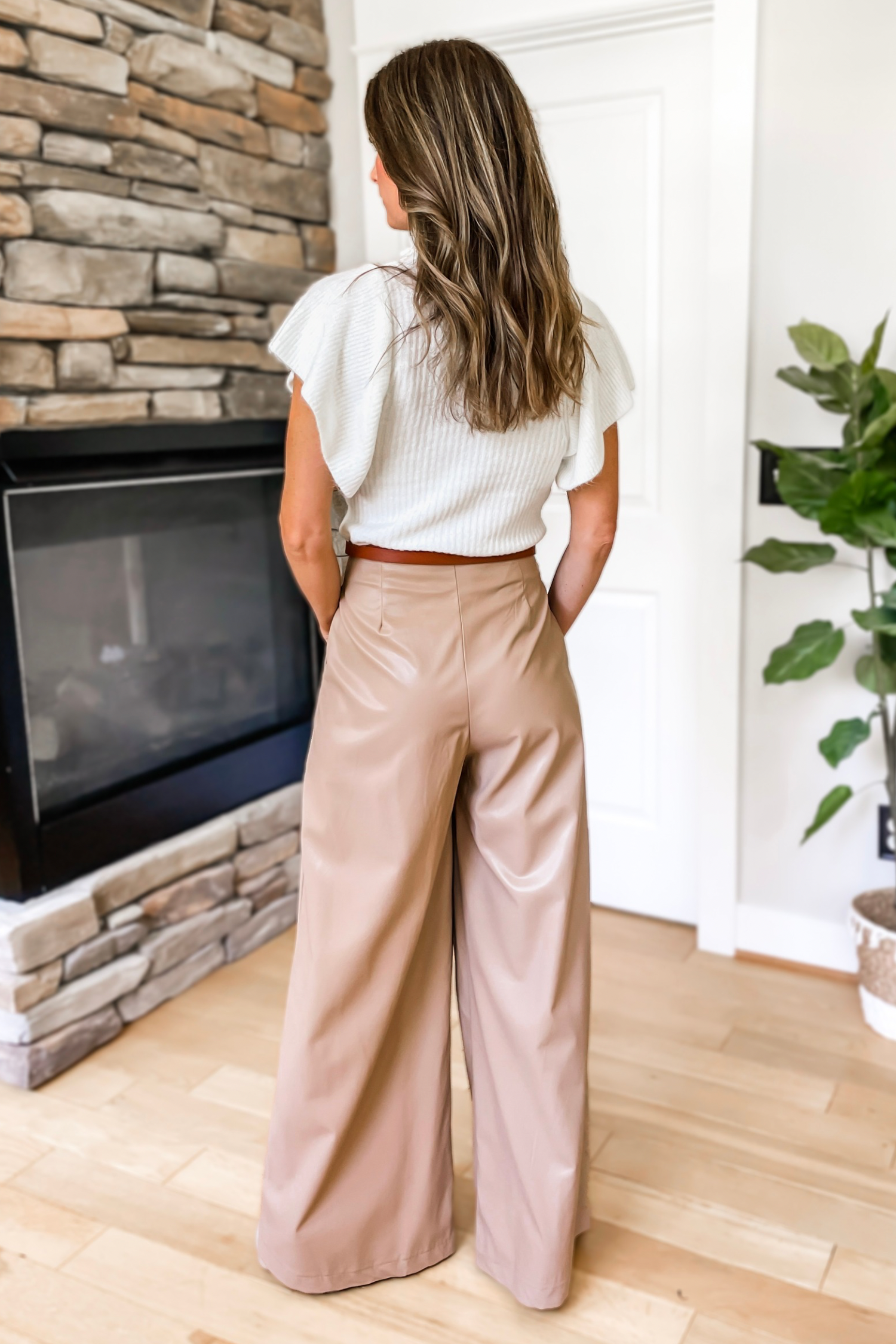 Before Long Faux Leather Pleated Wide Leg Pants - Latte - Image 2