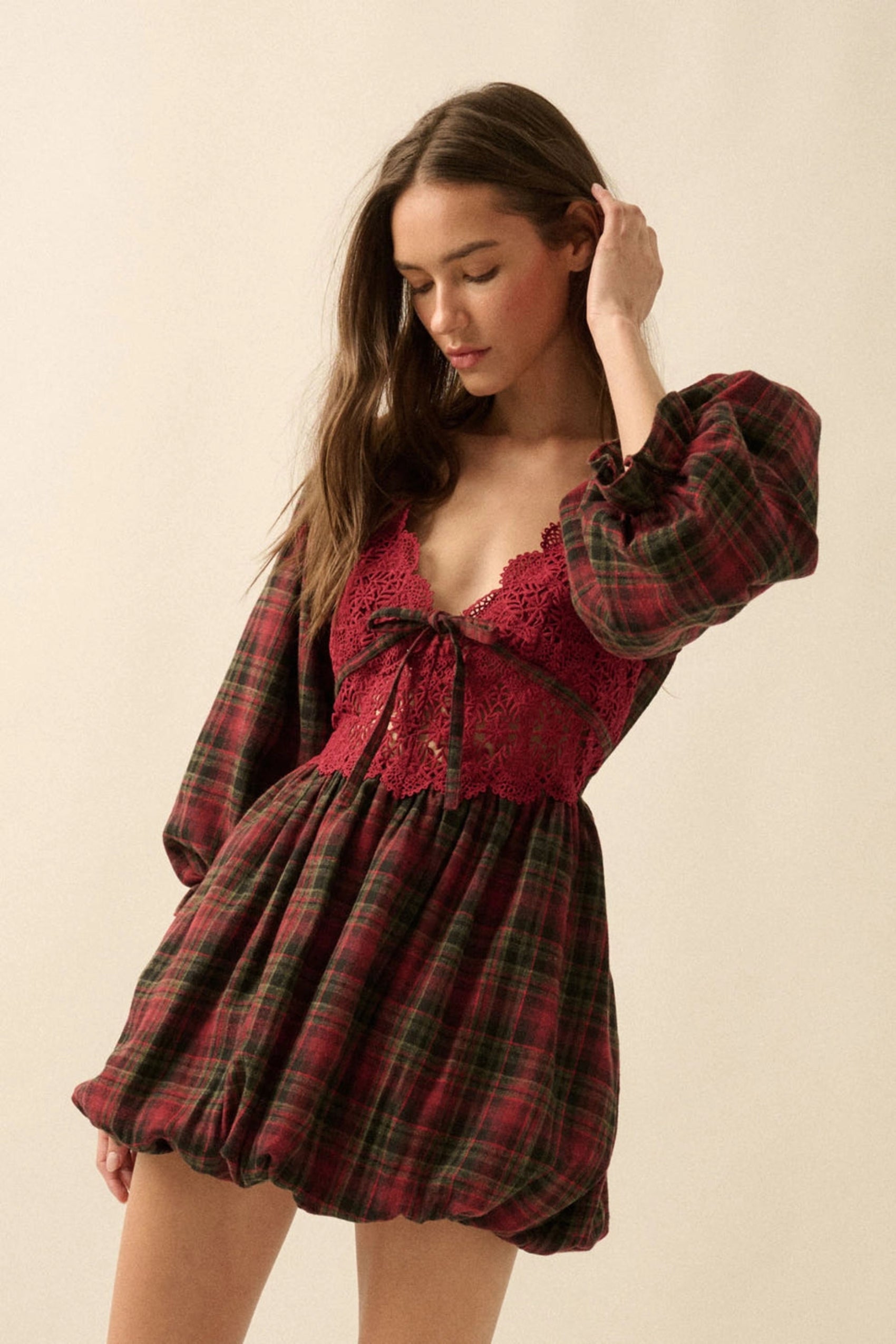 PREORDER - Delilah Plaid and Lace Bubble Mini Dress - Burgundy (SHIPS BY 11/26) - Image 5