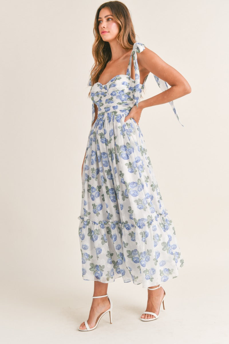 Florence Blue Floral Tie Strap Midi Dress - restock! - Image 4