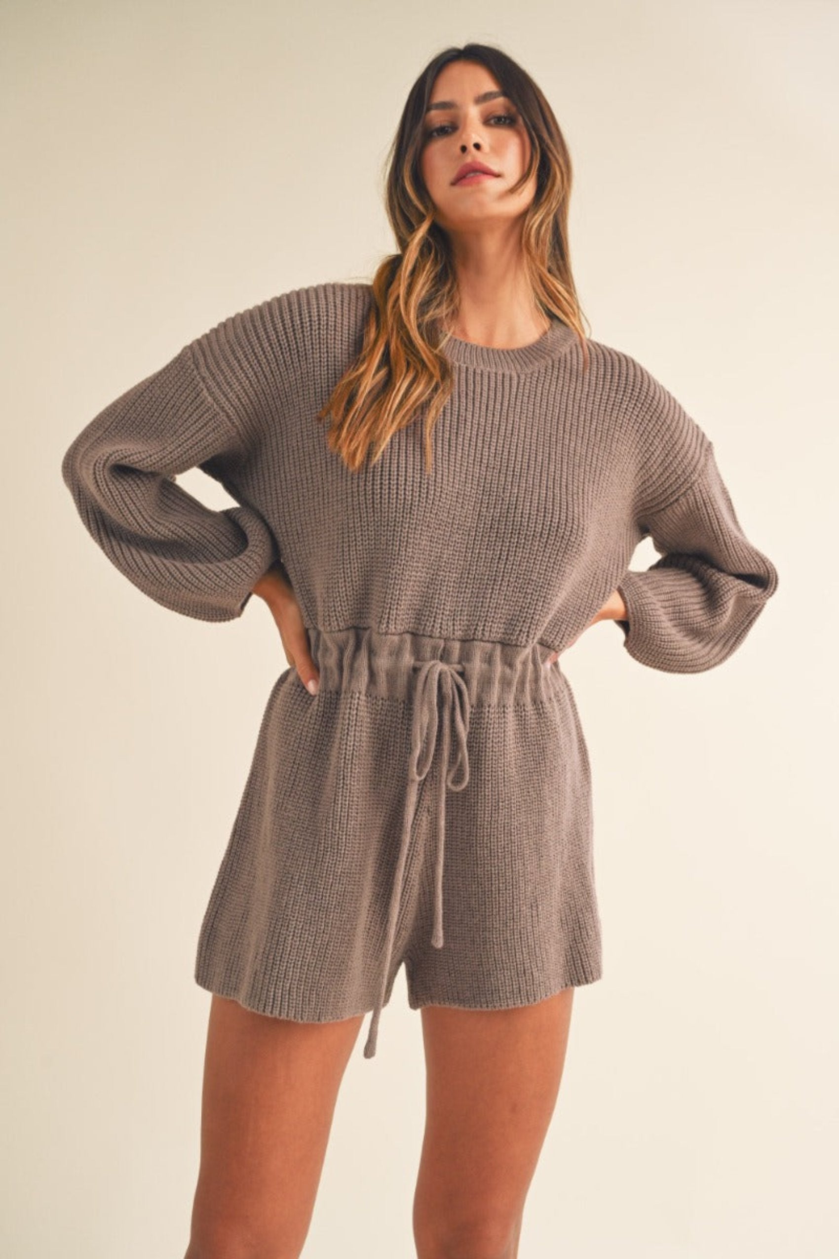 Here For It Long Sleeve Sweater Romper - Mocha - SALE - Image 2