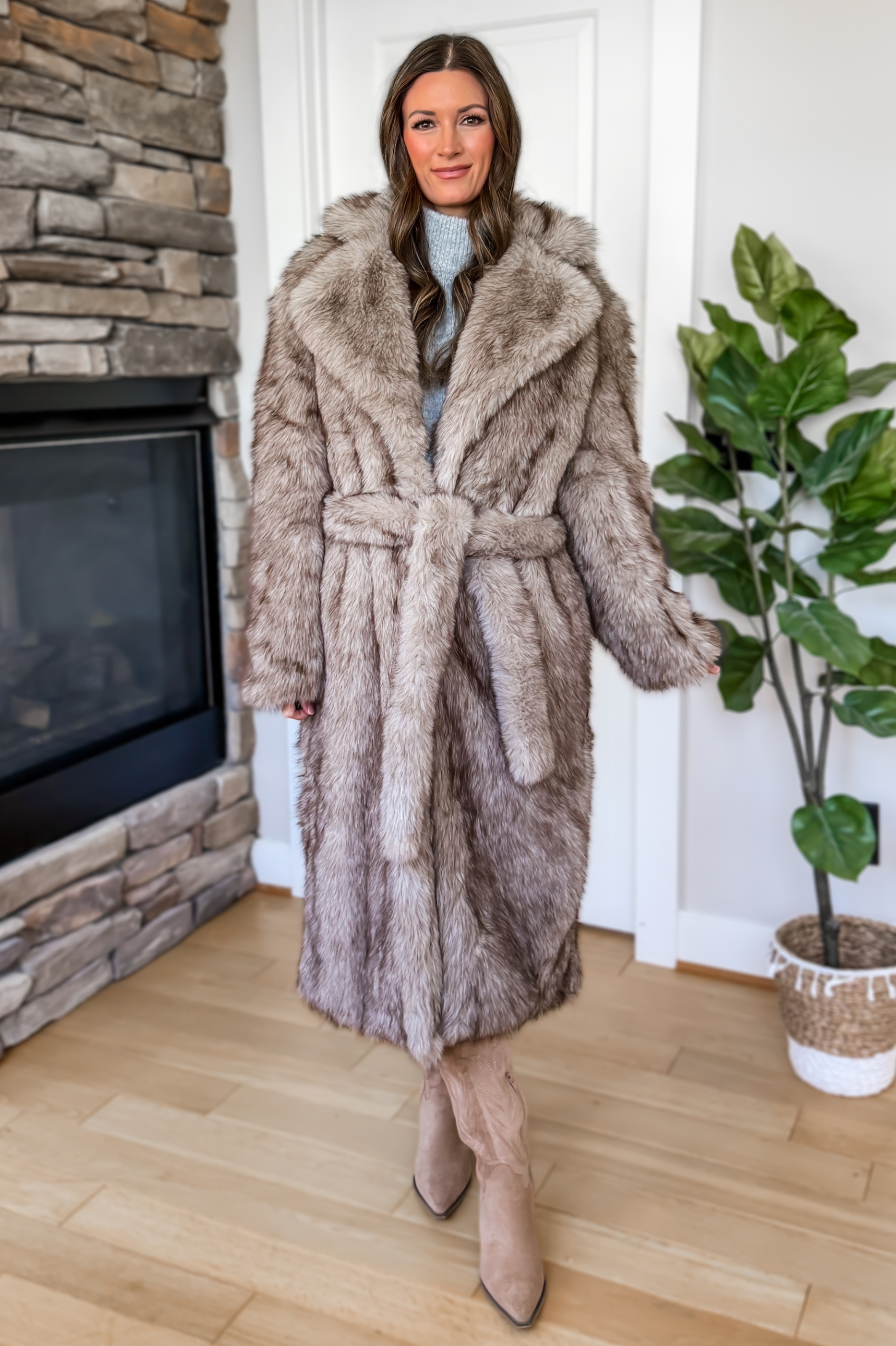 Cozy Feeling Faux Fur Long Coat - Brown - Image 3