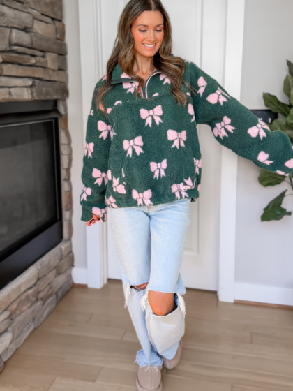 Merry Bows Sherpa Half Zip Pullover - Green and Pink