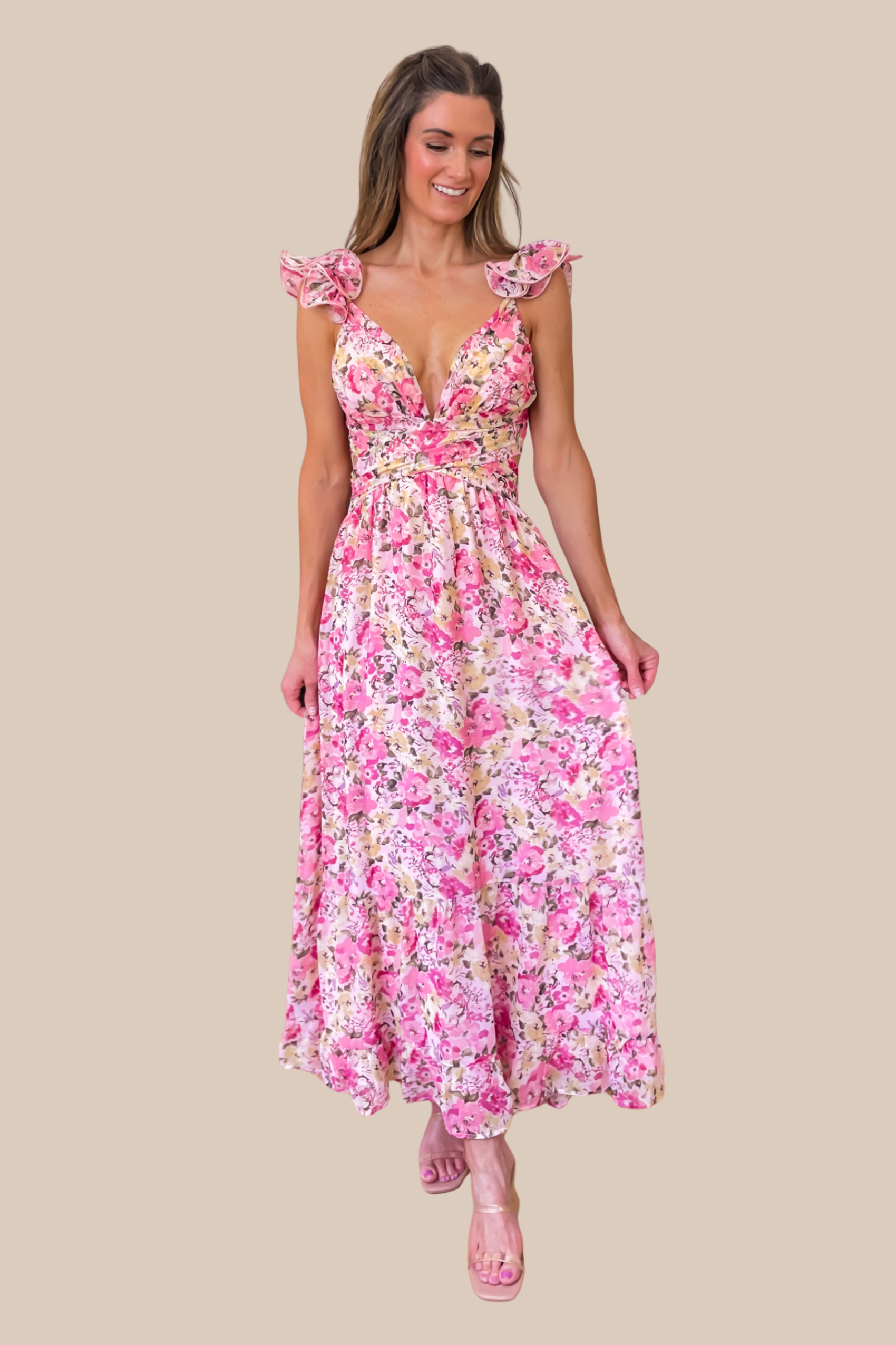 Summer Blooms Midi Dress - Pink and Yellow Floral