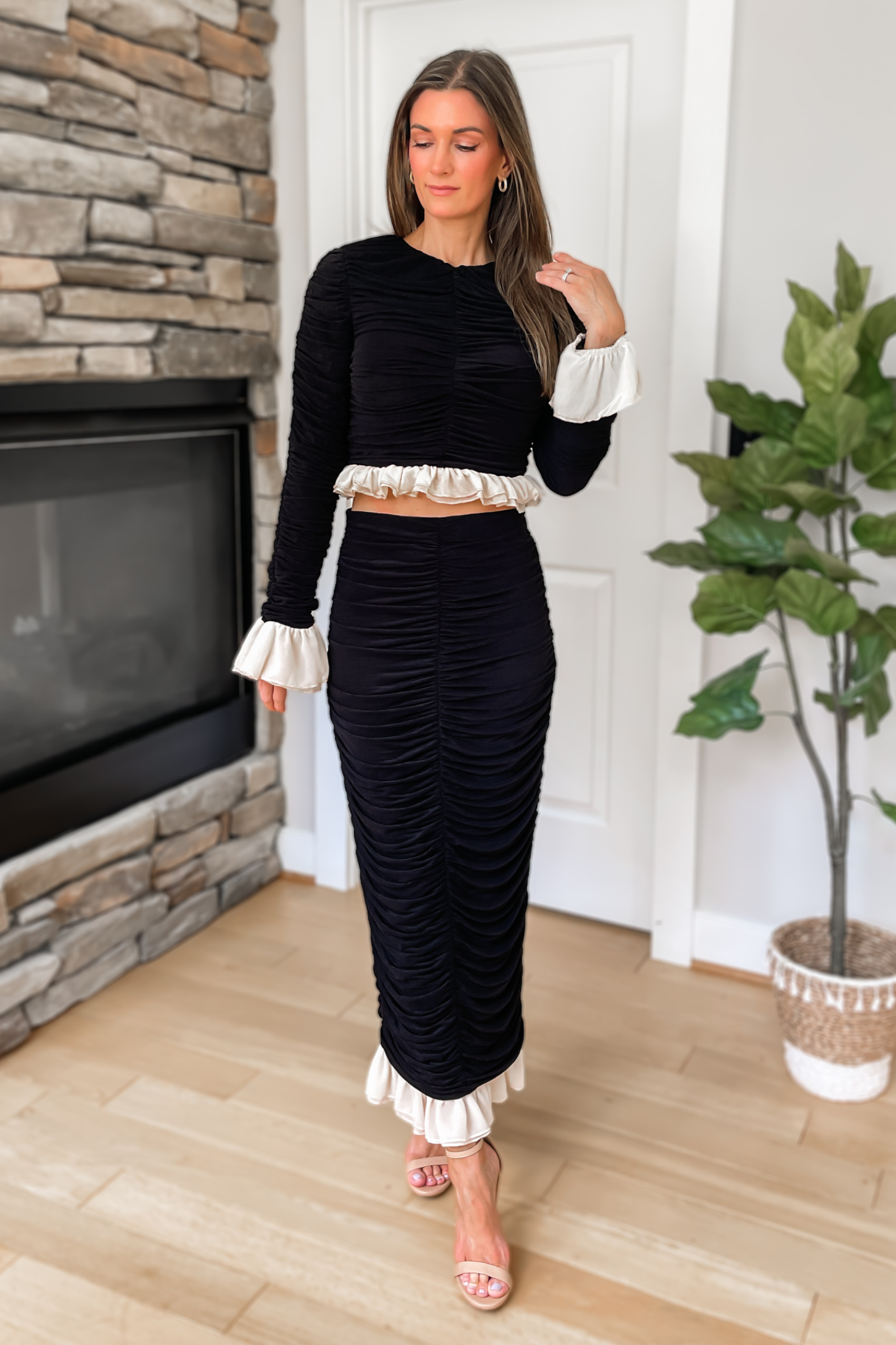 Lendie Ruched Two Piece Skirt Set - Black and Cream