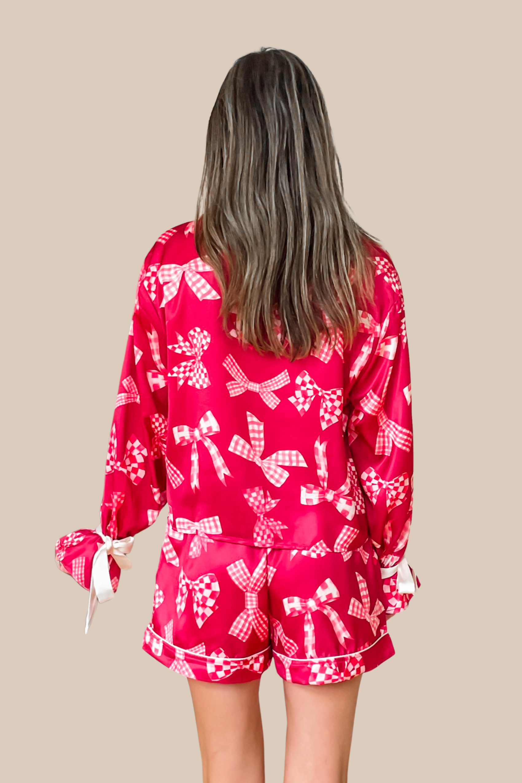 Bow Satin Pajama Set - Red and White - Image 2